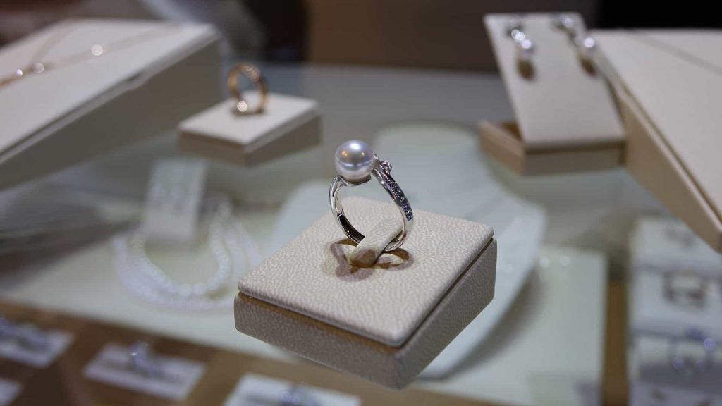pearl engagement ring on display
