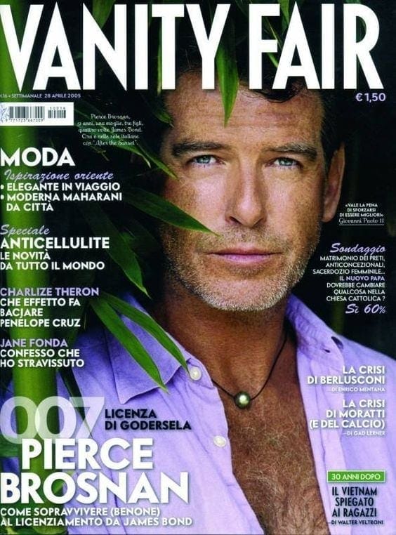 Vanity fair cover Pierce Brosnan wearing pearl necklace
