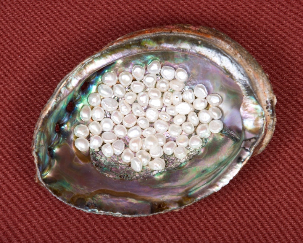 Beads of natural white freshwater pearl in bright polished rainbow abalone shell on red fabric background