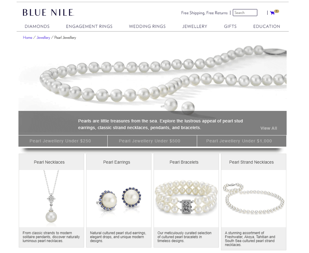 blue nile pearl jewelry homepage