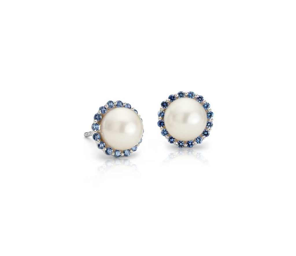 Blue sapphire and pearl stud earrings